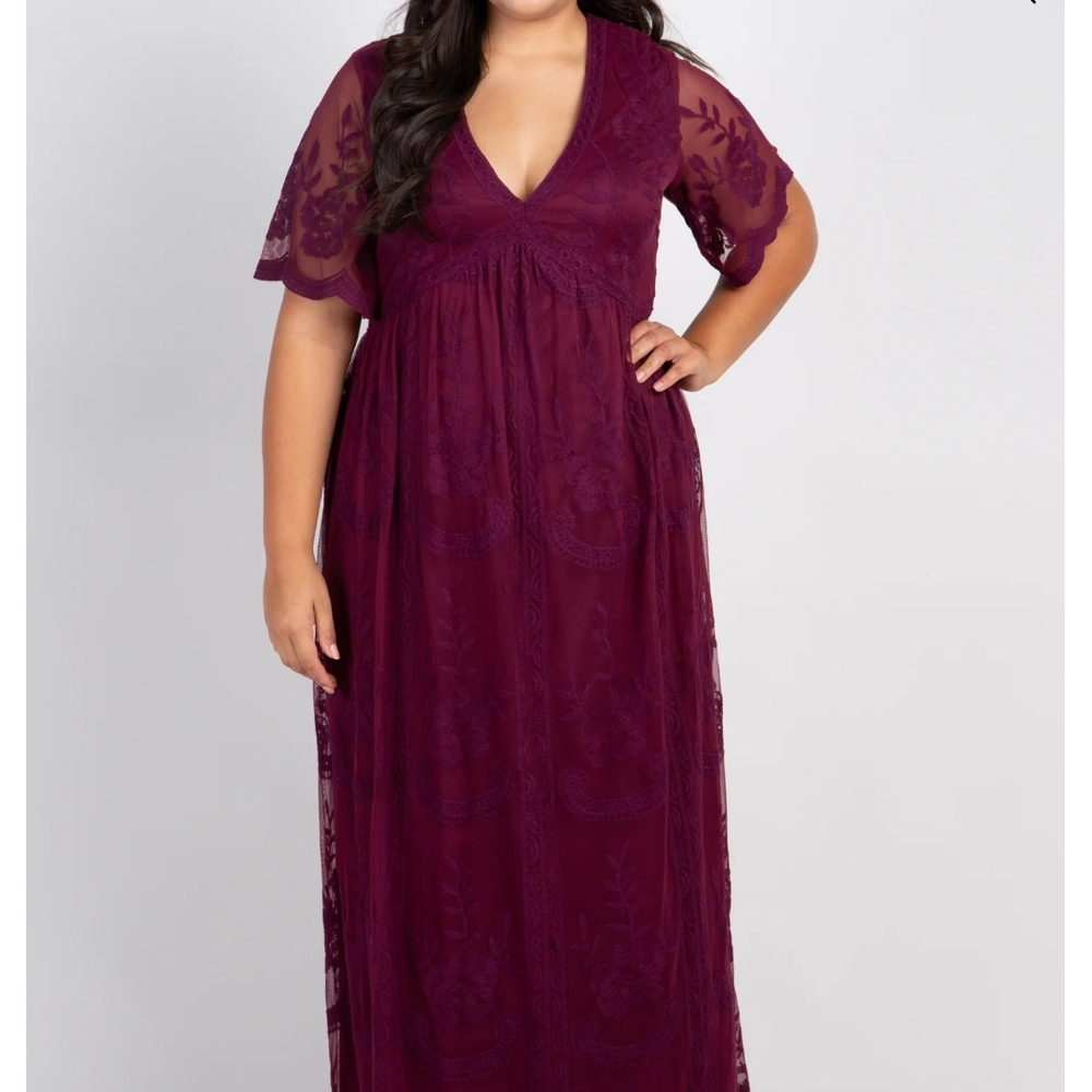 NEW!! PinkBlush Burgundy Lace Mesh Overlay Plus Maternity Maxi Dress size 2XL